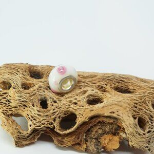 White and Pink European Glass Charm Bead with Silver Core Center